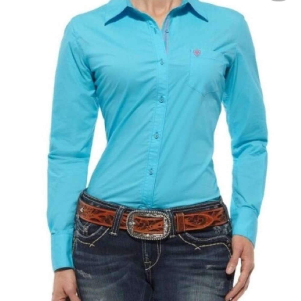 Ariat Button Down Turquoise 100% Cotton Fitted Logo Western Top Size Large